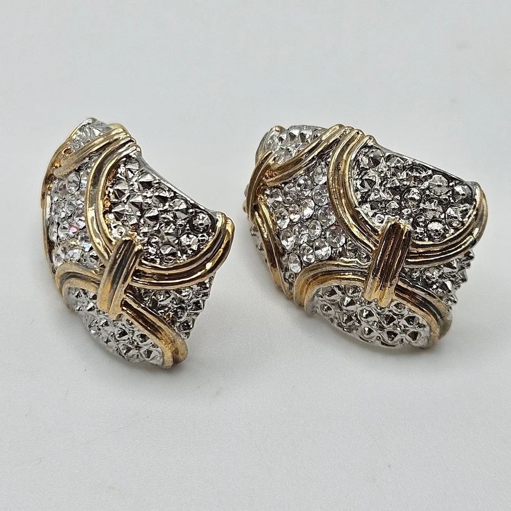 VINTAGE Art Deco Elegant Silver and Gold Tone Rhinestone Detail Curved Earrings